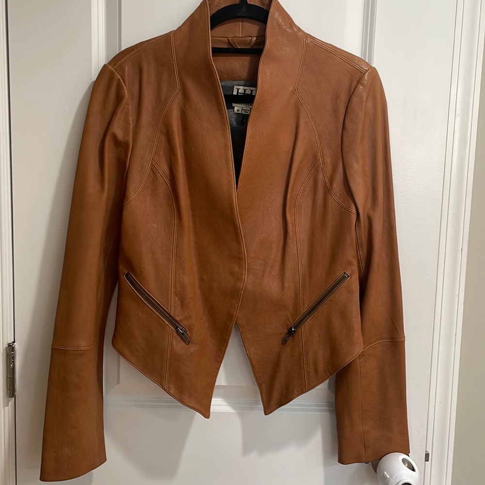 Pre Owned Haute Hippie Brown Lamb Leather collarless blazer Jacket, Size M